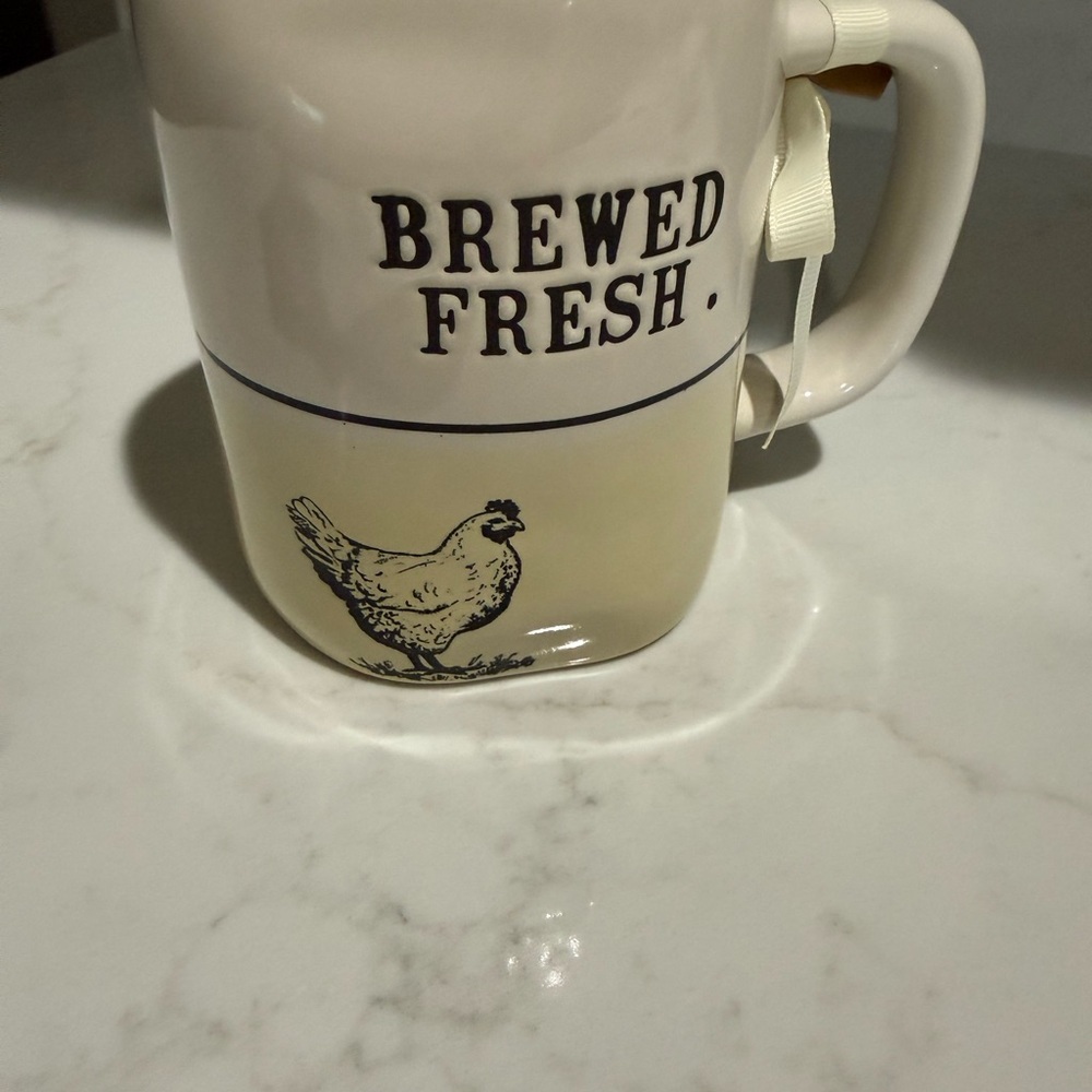 Rae Dunn White & Yellow Mug with Chicken - BREWED FRESH- Farmhouse